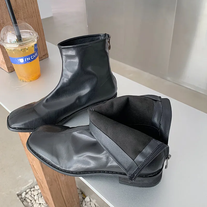 

2020 Fall Winter Women Soft Leather Sock Boots Square Toe Flat Ankle Boots Low Heels Cowgirl Chelsea Boots Shoes Bota Feminina
