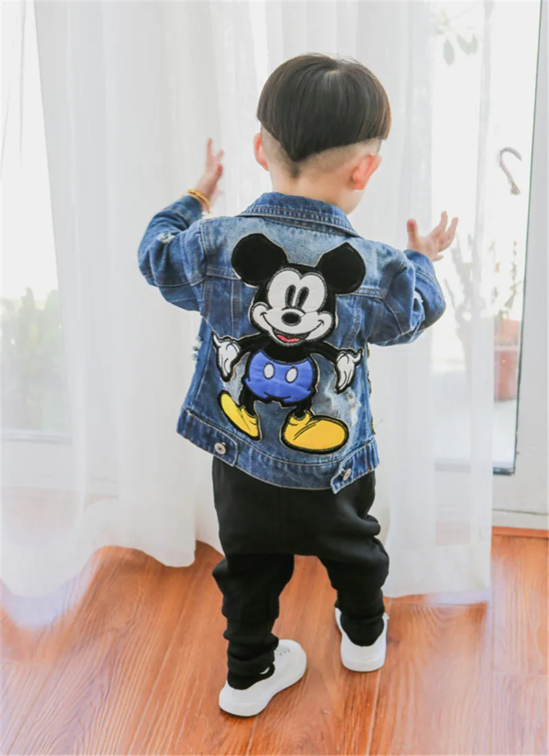  Kids Boys Denim Jacket Coat For Baby Girls Hole Jeans Coat Tops Children Mickey Patch Outerwear Jac