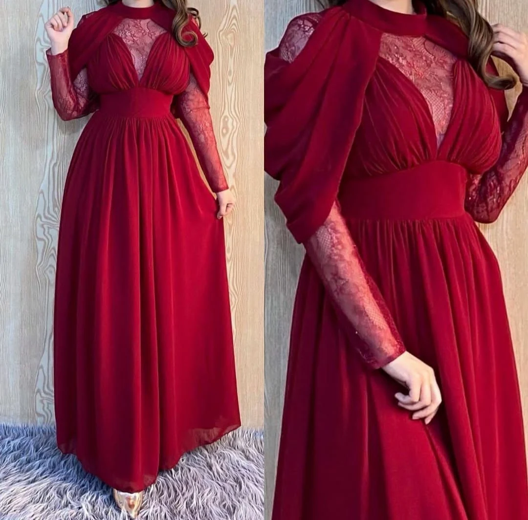 

Long Sleeve Arabic High Neck Prom Dresses with Pockets Chiffon Robe De Soiree Floor Length Zipper Back Formal Party Gown