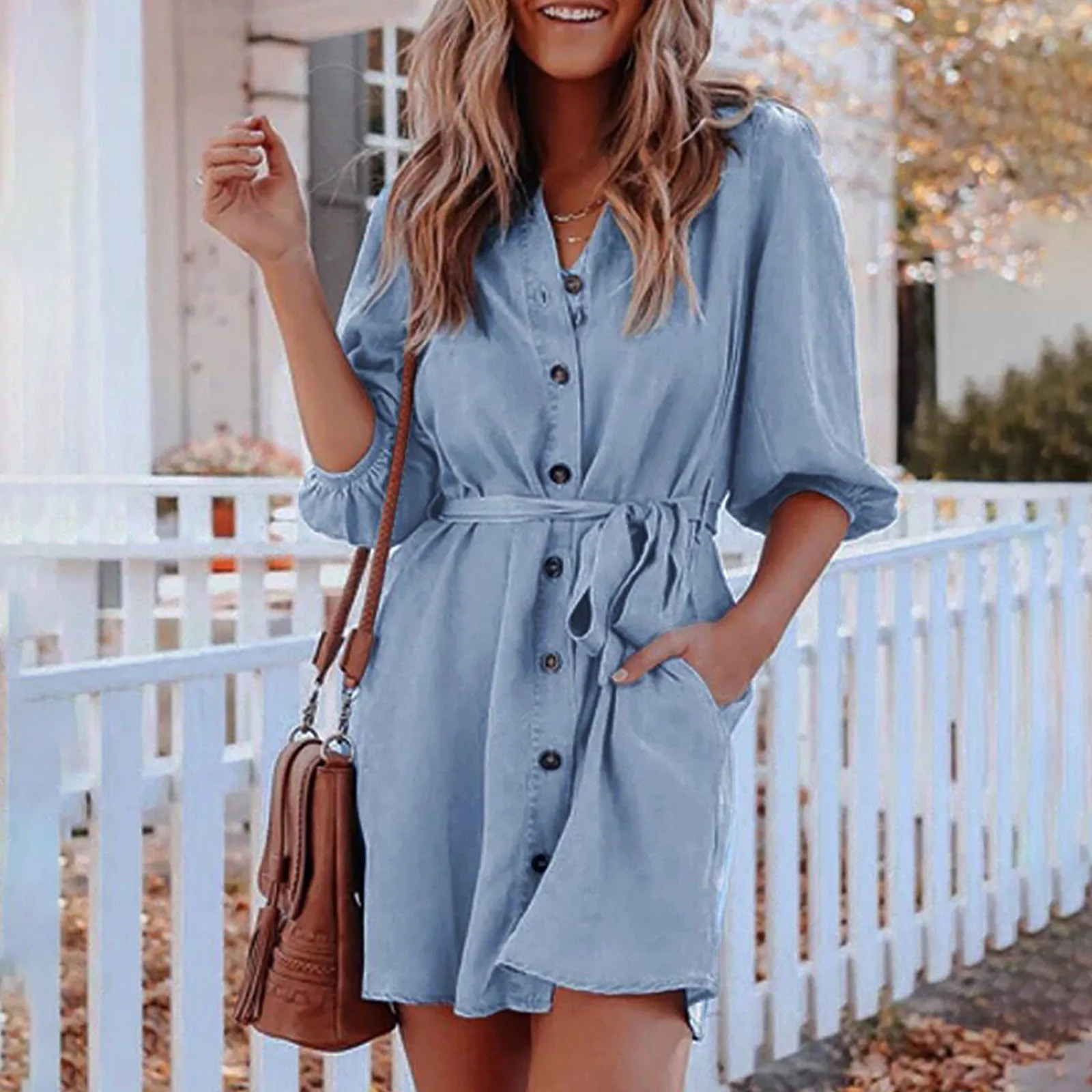 Women's Dress Summer Solid Color Mid-waist Loose Dress Street Cotton Denim Blue Dresses Summer Dress 2021 Sukienki Damskie 2