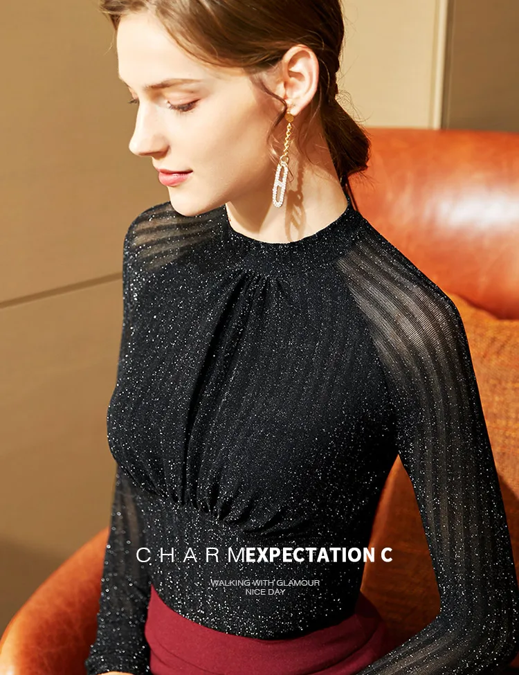 Size S-3XL Women Turtleneck Soft Full Sleeve Shinning T Shirts Lady Elegant Elastic Black Tops Tees Female T-Shirt