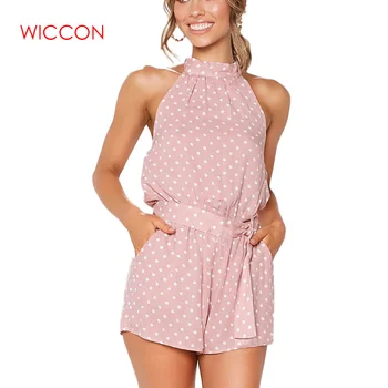 

2020 Off Shoulder Casual Playsuit Belt Summer Polka Dot Print Women Jumpsuit Beach Overalls Sexy Backless Lace-up Romper