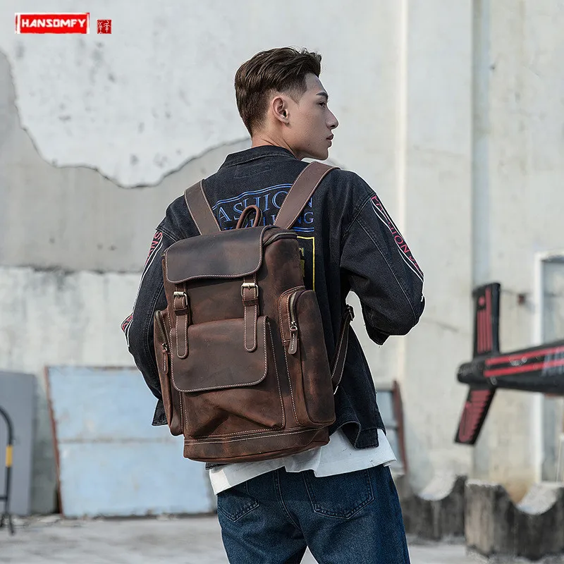 ^*Best Offers Retro Leather Large Capacity Men's Backpack genuine Leather male Travel Backpacks Crazy Horse Leather laptop Bags big backpack