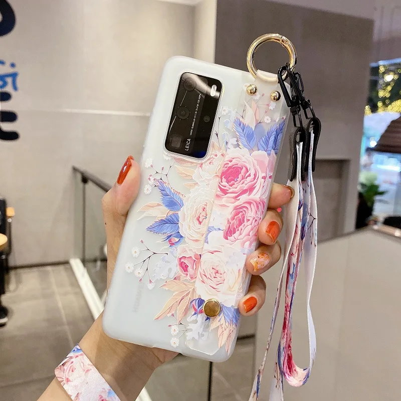 huawei waterproof phone case Cute 3D Flowers Girls Wristband Phone Case For Huawei Nova 7i 7 6 5T 3i 3 5 4 3e 4e 2i SE 5z Pro TPU Soft Lanyard Cover Huawei dustproof case Cases For Huawei