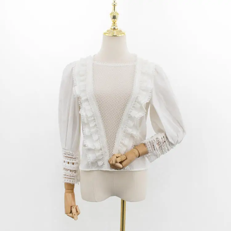 WHITNEY WANG Blouses Woman Fashion Streetwear Sexy Hollow Out Lace Patchwork Ruffles Blouse Women Blusas Shirt Tops