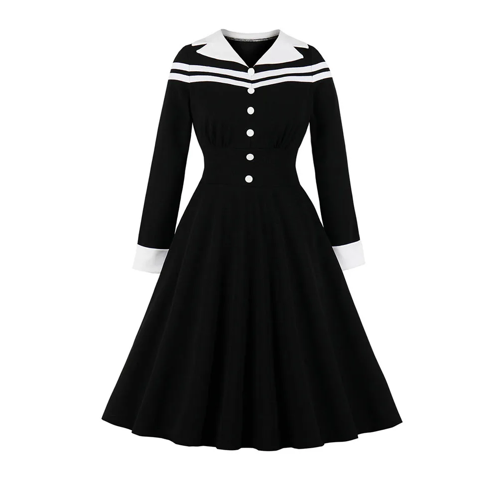 

Vintage Elegant Black Dress Women Autumn Patchwork US 50s 60s Casual Dress Dark Goth Evening Party Plus Size 2XL Vestidos