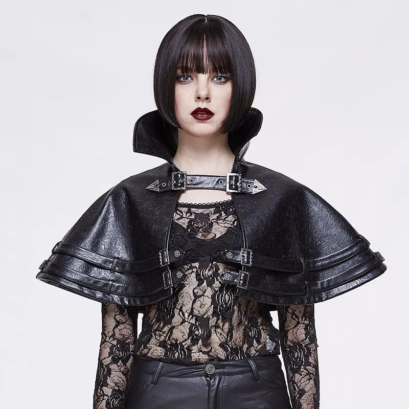 Devil Fashion Woem's Готический кожаный с металлической пряжкой Высокий воротник зимнее пальто накидка Хэллоуин косплей сценический костюм плащ