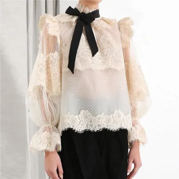 

2019 Autumn Polka Dot Beige Lace Blouse Women Stand Collar Bows Lantern Sleeve Perspective Sexy Blouse Women Tops Shirts