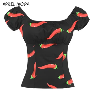 

2020 New Women Vintage Design Tops T- Shirts 50s 60s Off Shoulder Ruffled Shirt Sexy T-shirt Low Back Peasant Red Women T-shirts