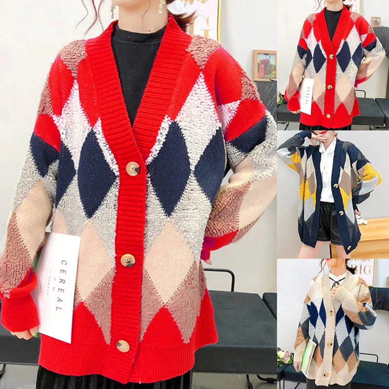 Vertvie женский осенний кардиган вязаный свитер Повседневный свободный лоскутный теплый кардиган Ретро Уличная одежда свитер зимние пальто