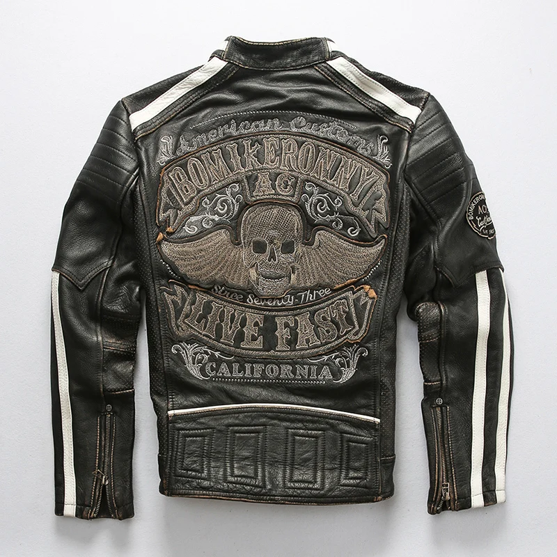 

Men's Genuine Leather New Skulls Motorcycle Biker Vintage Soft Thick Cowhide Jacket Male Luxury Brand Designer Coat