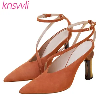 

Knsvvli Strange Style Heel Women Pumps Ankle Buckle Strap Hollow Outs Party Shoes Woman Pointed Toe High Heel Slingbacks Women