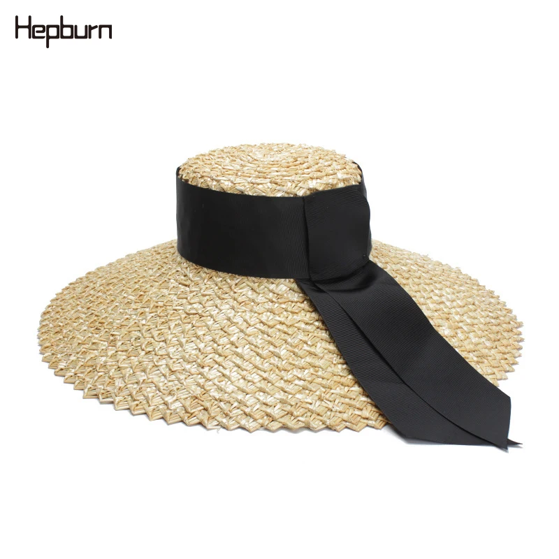 

2019 Summer Hat Flat Women High end Wide side Oversized Sun Hat Black Ribbon Beach Cap Wide Brim Boater Hat Kentucky Derby Hat