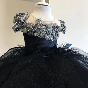 Black Luxurious Lace Flower Girl Dresses Ball Gown Beaded Tiers Tulle Lilttle Kids Birthday Pageant Weddding Gowns