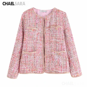 

European Style Autumn Winter Short Tweed Jacket Coat Women 2019 Elegant Slim Long Sleeve Female Runway Woolen Jacket Pink