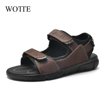 

WOTTE Genuine Leather Sandals for Man 2020 Light Open Toe Summer Beach Shoes Men Luxury Brand Slippers Sandale homme Size 38-48