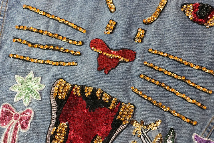 7mang Осенняя Новинка, уличные вечерние джинсовые жилеты с цветами и блестками, джинсовый жилет в стиле панк с отложным воротником, длинный джинсовый жилет в стиле панк, 0812