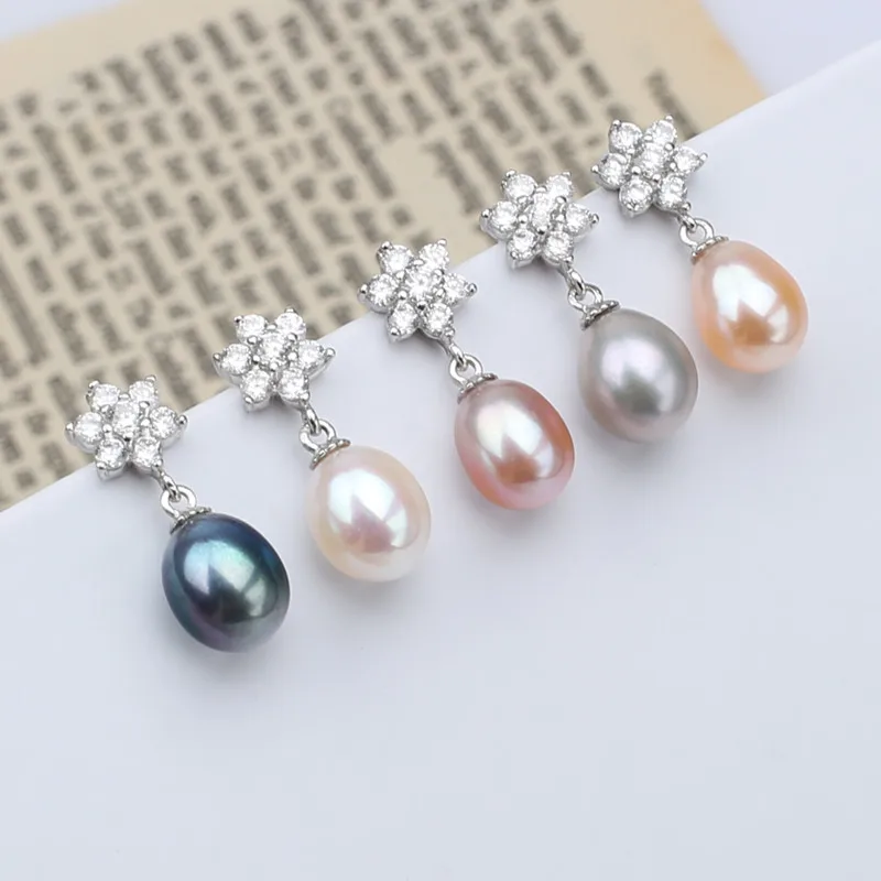 

Free shipping snowflake shiny wedding jewelry 925 sterling silver earring natural real pearl earring women trendy bridal