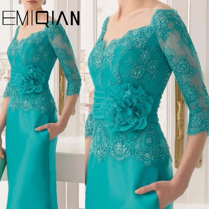 Elegant Emerald Applicaties Moeder van de Bruid Jurk Kant Driekwart Mouwen Floor Lengte Lange Formele Wedding Party Dress Elegant Emerald Applicaties Moeder van de Bruid Jurk Kant Driekwart Mouwen Floor Lengte Lange Formele Wedding Party Dress