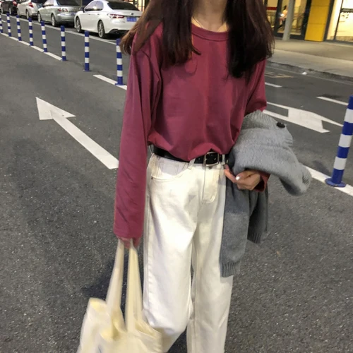 MaY 3352 hong Harajuku Осенние футболки, Женская Корейская одежда, одноцветная свободная универсальная простая футболка для отдыха, студенческие Топы с длинным рукавом и круглым вырезом - Цвет: MaY 3352 hong