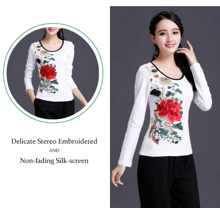 Женская футболка, винтажная хлопковая футболка с длинным рукавом, большие размеры, женская повседневная одежда с цветочной вышивкой в Корейском стиле