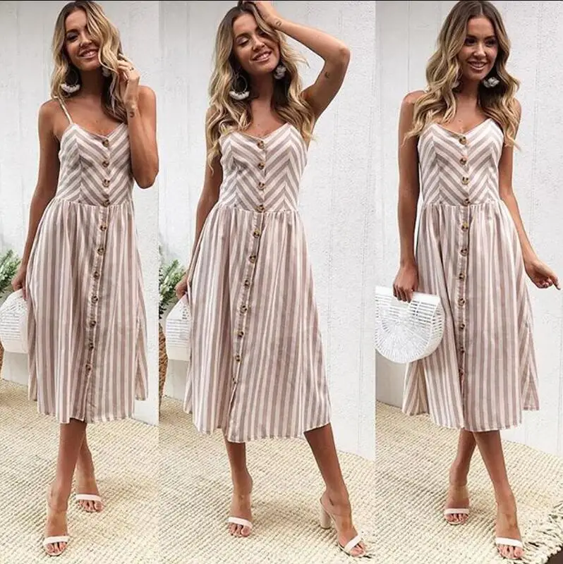 Сексуальные вечерние сарафан Boho женское летнее платье Повседневное платье миди с открытой спиной и пуговицами в горошек, Полосатое цветочное пляжное платье женское