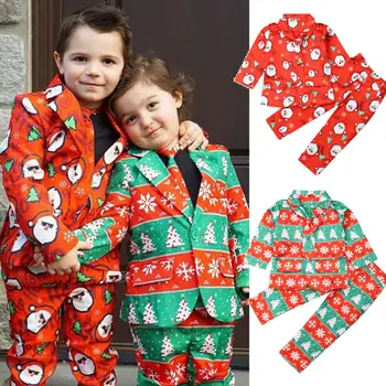 

2020 Christmas Clothes Kids Boy Christmas Formal Suit Blazer Jacket+Pants+Necktie Gentleman Set 3Pcs Printed Xmas Outfit 3-8Y
