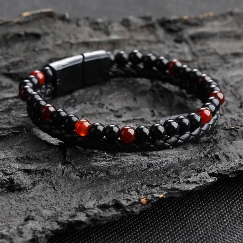 Fashion Men Jewelry Genuine Leather Bracelet Black Stainless Steel Magnetic Clasp Tiger eye Natural Stone Bead Bracelet Men