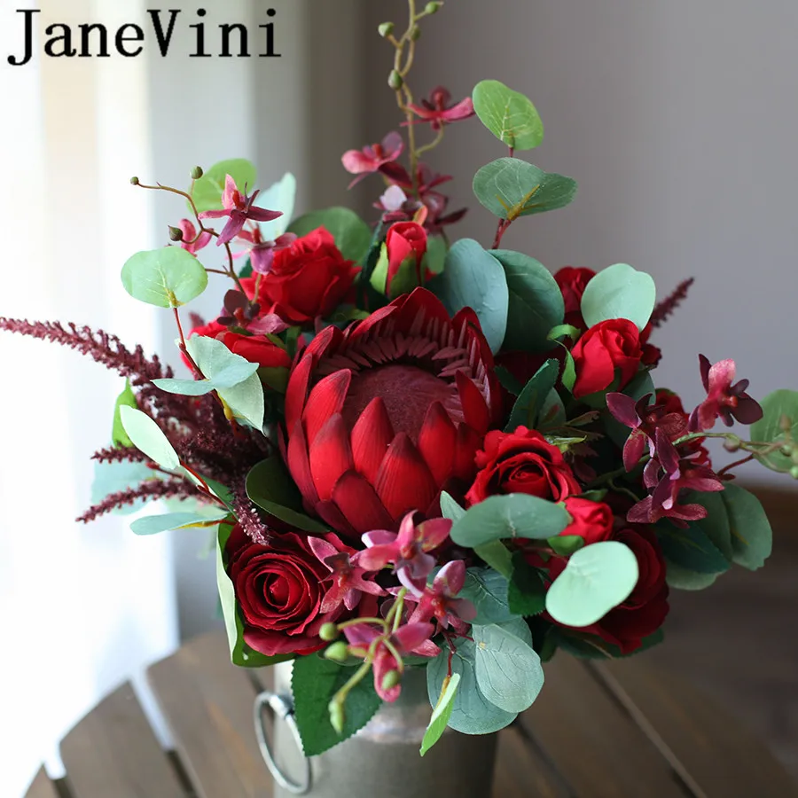 JaneVini Fleur Mariage темно-красный свадебный букет цветов Искусственные розы прочая цинароиды Свадебные букеты держатель для рук