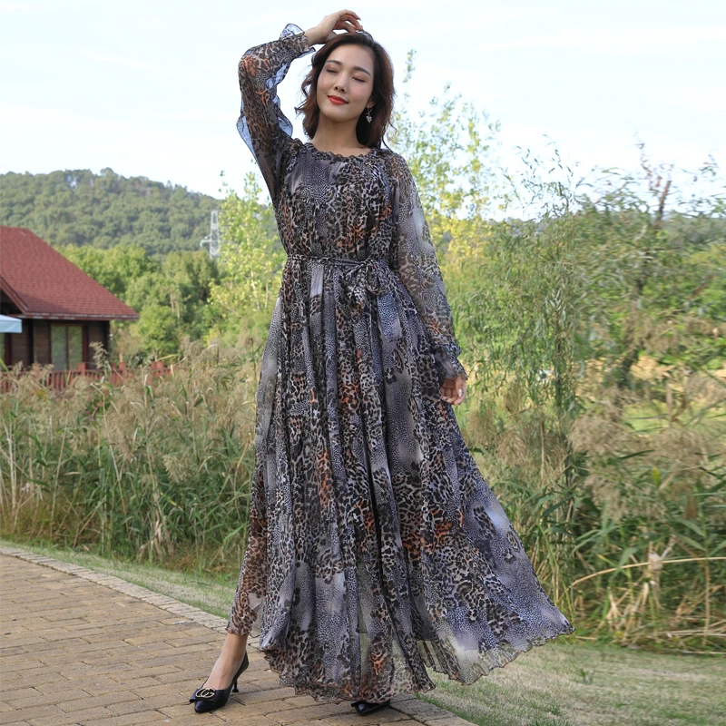 2020 Fashion leopard Print chiffon Long Sleeve Bohemia maxi dress plus size celebrity Printed Dress Beach Sundress | Женская одежда