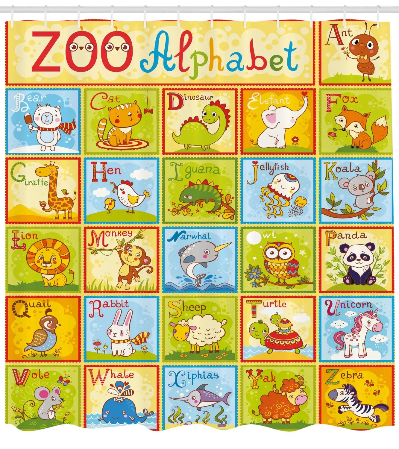

Зоопарк алфавит дизайн красочный стиль Смешные Мультфильмы животные Дети Школа Ванная комната Декор зеленый желтый