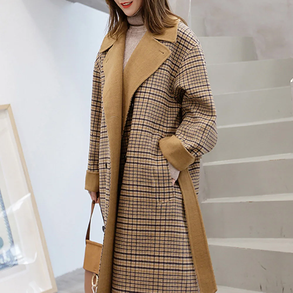 

Camel Elegant Women Plaid Wool Coat Winter Vintage Hepburn Fashion Overcoat Belt Button Loose Long Female Casual Outwear Coats