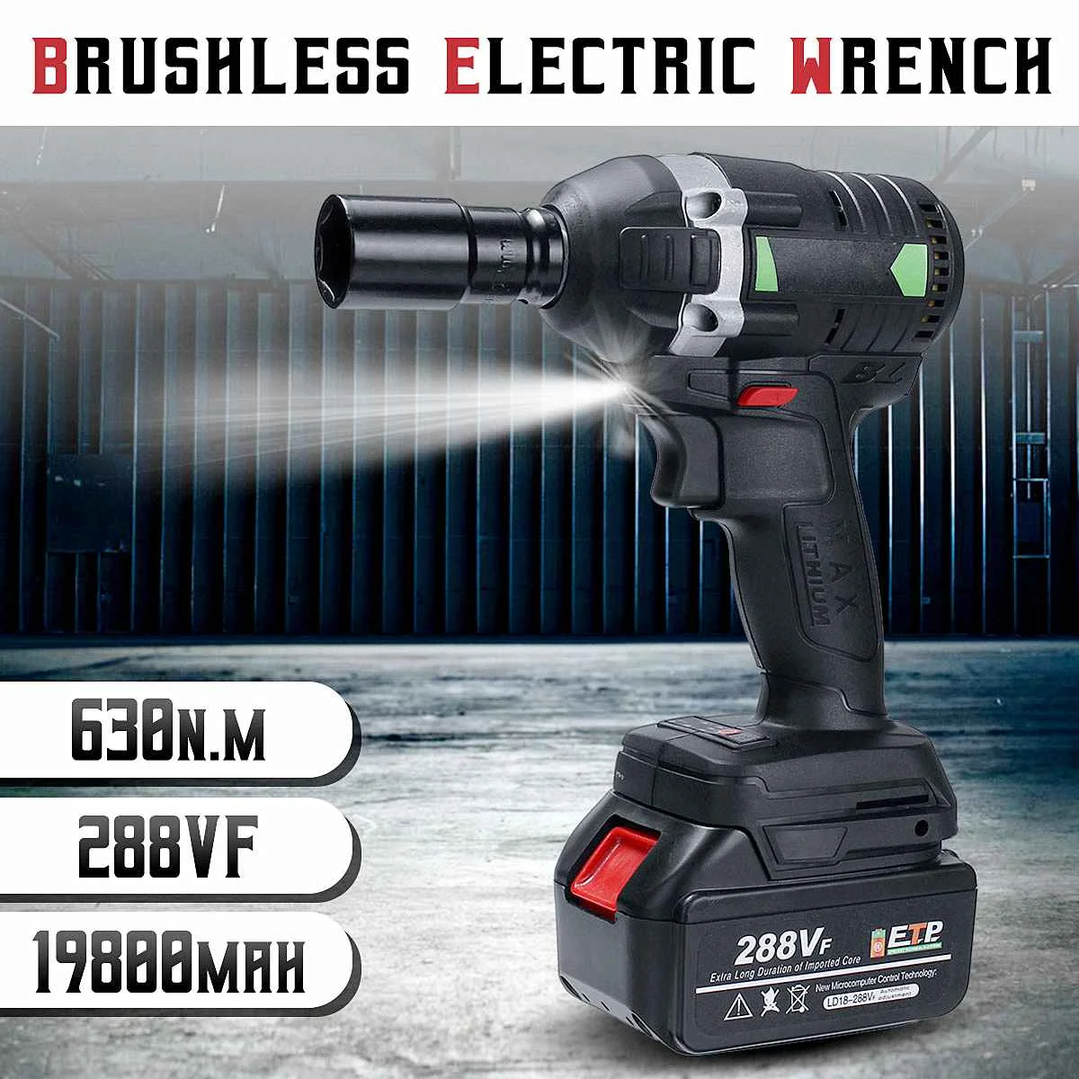 

110-240V 630N.m 288VF Cordless Electric Impact Wrench Electric Wrench Brush with 1x Li-ion Battery Tools