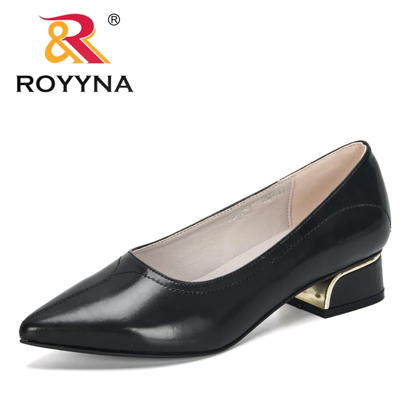 ROYYNA New Stylish Pointed Toe Square Heel Ladies Pumps Casual Solid Shallow Shoes WomanBasic Slip-On Heels Women Pumps - Цвет: Black