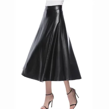 

Autumn Winter High Waist Pleated Skirts Womens Elegant A-Line Black PU Leather Skirt Casual Punk Gothic Long Maxi Skirts Saia