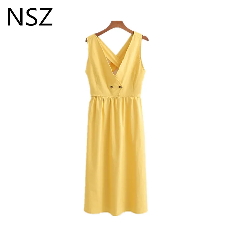 

Women Solid Color Cotton Linen Summer Sleeveless Dress Deep v neck Midi Dress Backless Bare Shoulder Dresses