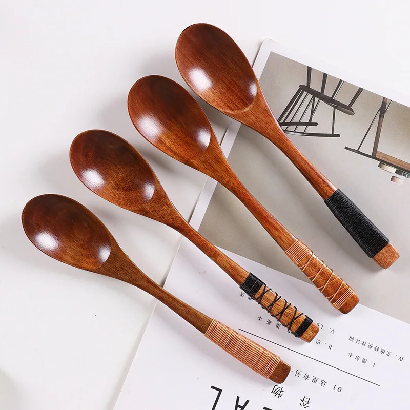 20x4cm Wooden Long Handle Tableware Kitchen Ramen Catering Rice Soup Spoon Cutlery Mixing Spoons Teaspoons Cooking Utensils | Дом и сад