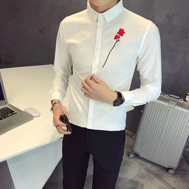 Рубашка с вышитыми цветами, мужская, с длинным рукавом, брендовая, Camisa Masculina, приталенная, уличная, для выпускного, смокинг, для ночного клуба, вечерние рубашки
