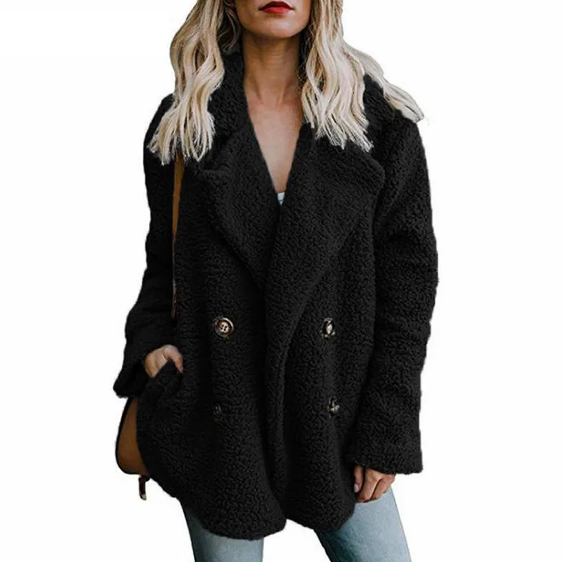 Плюшевое пальто женское зимнее пальто толстые куртки из искусственного меха женские теплые пальто с отворотом с длинным рукавом пушистые удобные с карманами размера плюс - Цвет: black