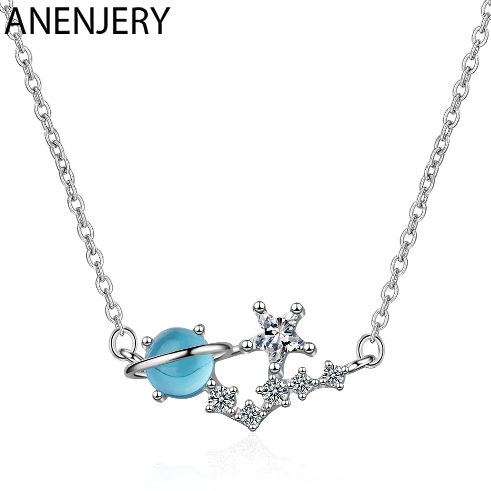 

ANENJERY Sweet Fashion 925 Sterling Silver Planet Star Necklace For Women Blue Crystal Zircon choker collares S-N449