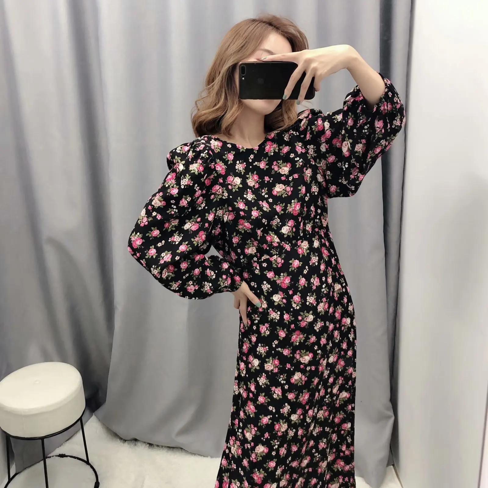 

Western Style Printed Midi Dress 2019 New Style Versatile Loose-Fit Crew Neck Puff Sleeve Mid-length Holiday Skirt Women's