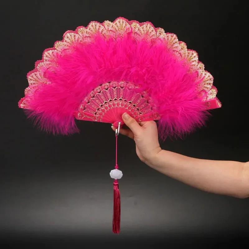Folding Fan Lolita Feather Sweet Girl Dark Gothic Court Dance Hand Fan with Pendant Photography Props Wedding Party Decoration