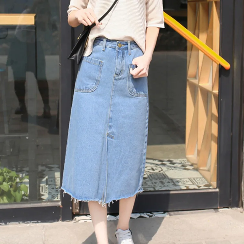 Женская джинсовая юбка Уличная Асимметричная однотонная трапециевидная юбка с высокой талией с карманами женские юбки тонкая летняя Женская длинная юбка