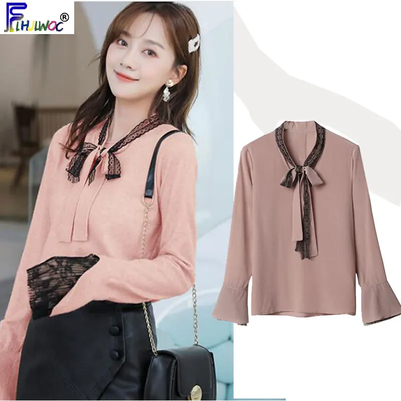 

Fall Winter Basic Sweaters Women Patchwork Black Hollow Out Crochet Lace Bow Tie Tops Knitted Sweater Cute Korea Style 9215