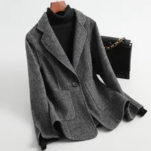 Женский 19FW двусторонний шерстяной твидовый Блейзер, пальто, куртка на одной пуговице, приталенный, в полоску