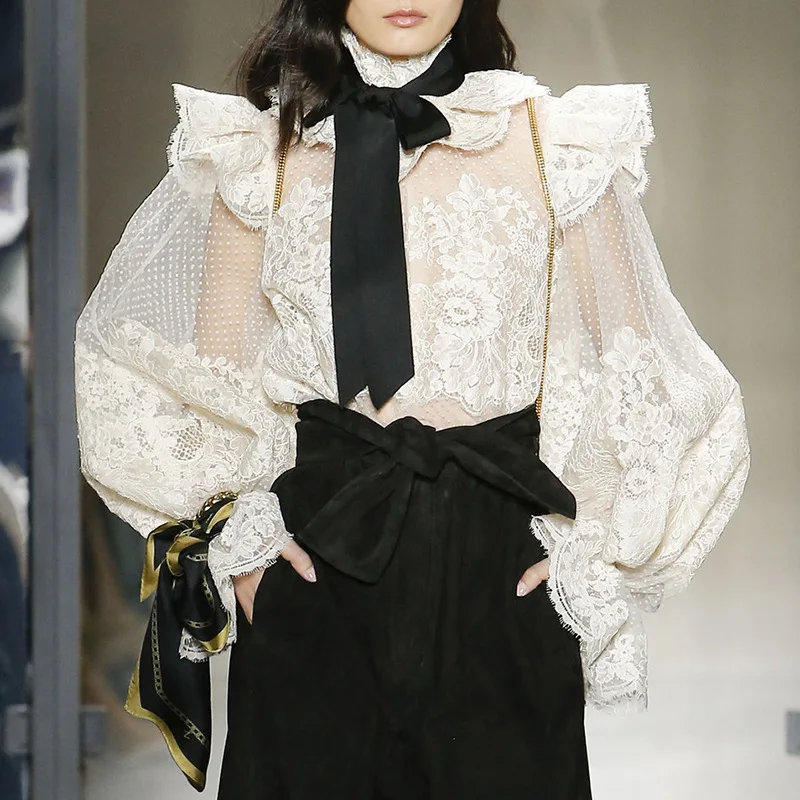 

Designer Luxury Shirts for Women Sexy translucent Stand Collar Bow Lace Flare Sleeve Beige Black Blouse Shirt
