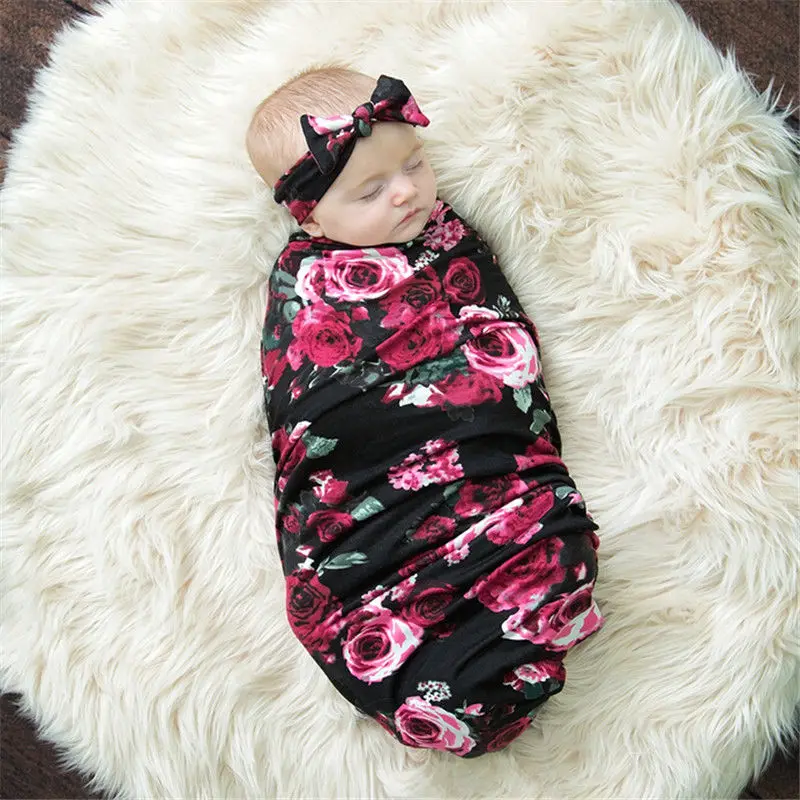 Одеяло-пеленка для новорожденных, детей, малышей, с цветочным рисунком, в клетку, для мальчиков и девочек, растягивающееся банное полотенце, полотенце для сна, Пеленальное Одеяло+ повязка на голову/шапка