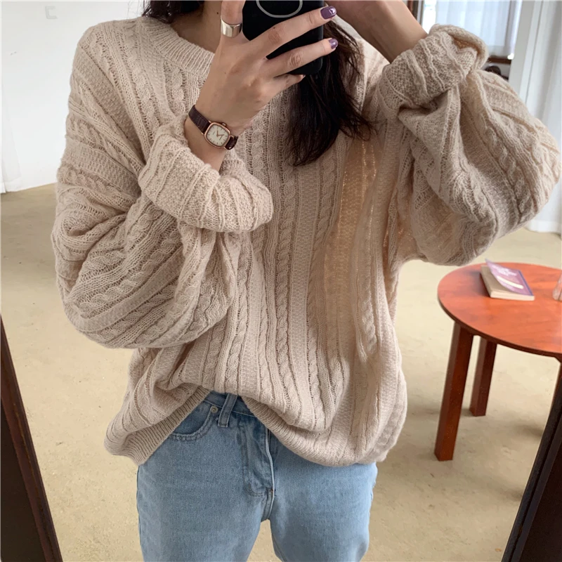 Зимний корейский ulzzang Harajuku винтажный простой свитер с длинными рукавами однотонный Модный повседневный женский свитер с круглым вырезом