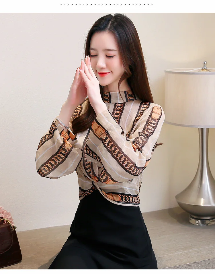 Модные цепи полосатый принт шифоновая блузка для женщин Весна корейский Свободный фонарь рукав Обрезанные блузки Подиум Дамы топы