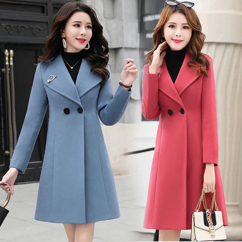 New Winter Slim Plus Size Women Woolen Coat Casual Medium Long Solid Color Long Sleeve Winter Wool Coat Women Coats